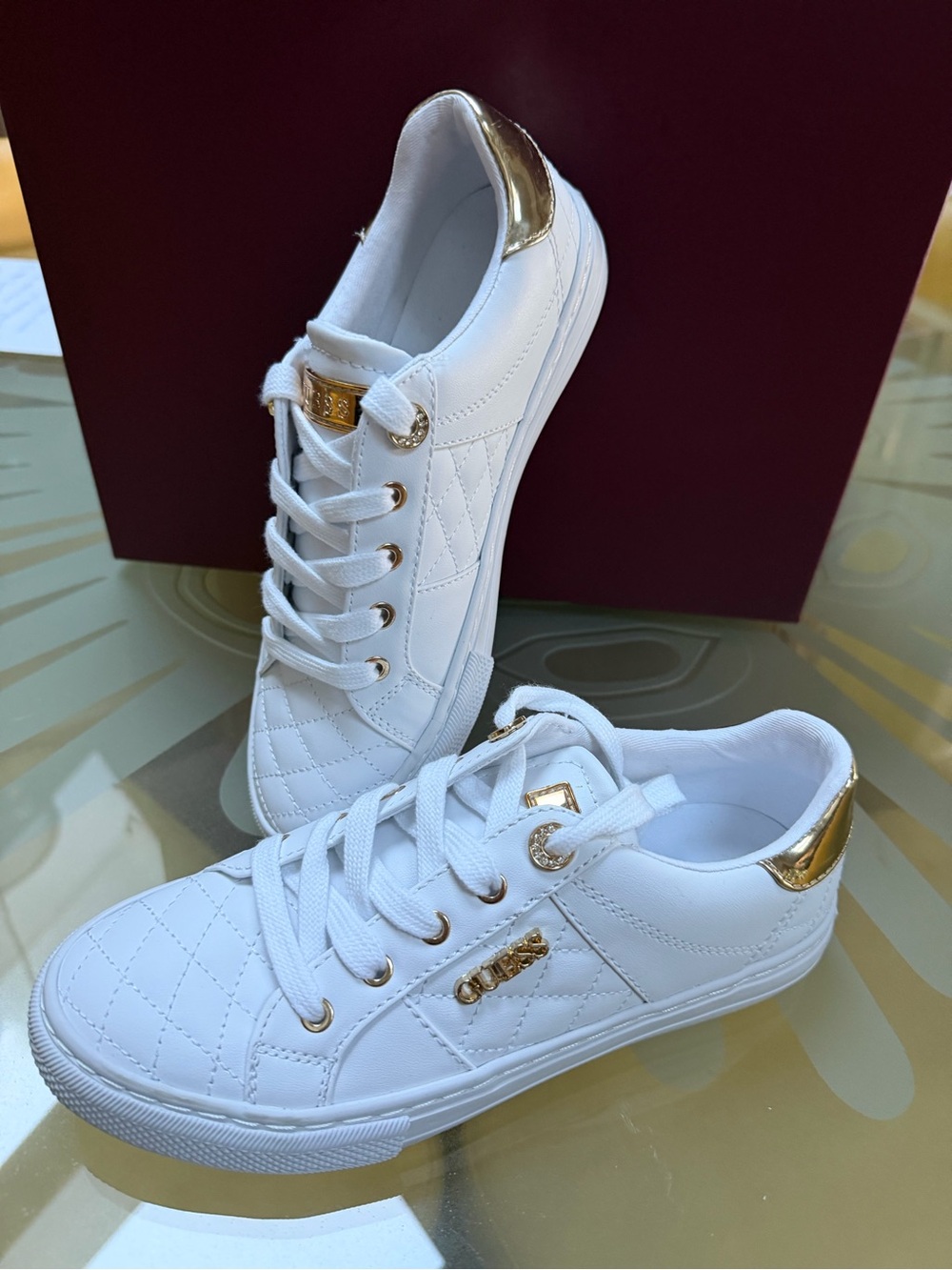 Guess White Quilted Sneakers with Gold Trim